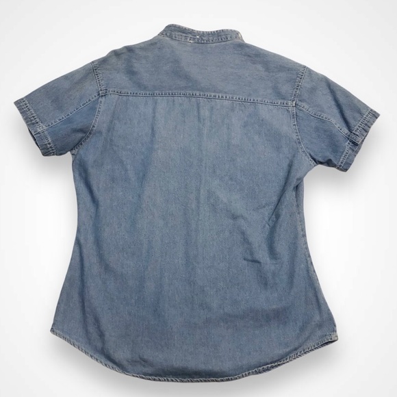 Boho Western Denim Button Up Shirt  Reversable Embroidered Flower Plaid Collar - Picture 6 of 8